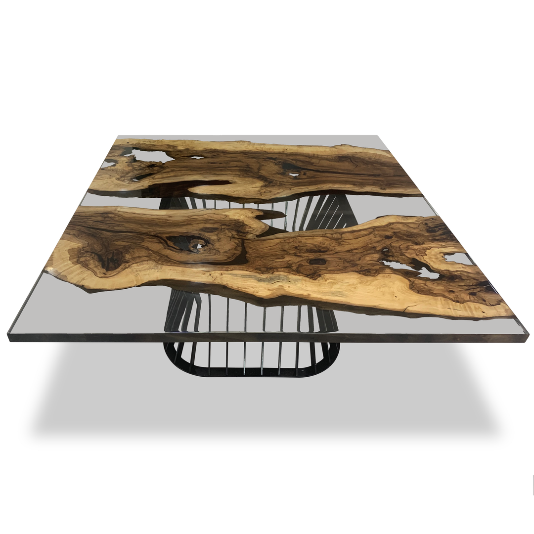 Modern Amiata Walnut Wood Square Dining Table with resin top and black metal base
