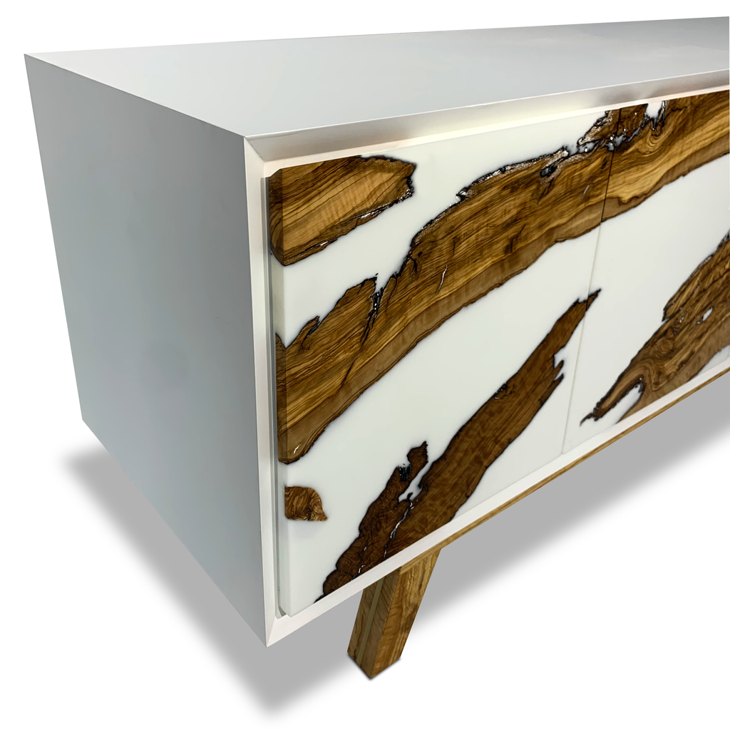 Lampetia Olive Wood Credenza with white and wood resin finish and angled legs