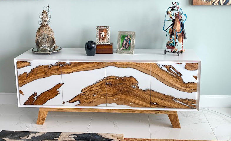 Lampetia Olive Wood Credenza with white top and unique wood and white resin front