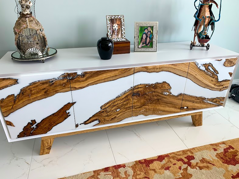 Lampetia Olive Wood Credenza with modern white finish and natural wood grain doors