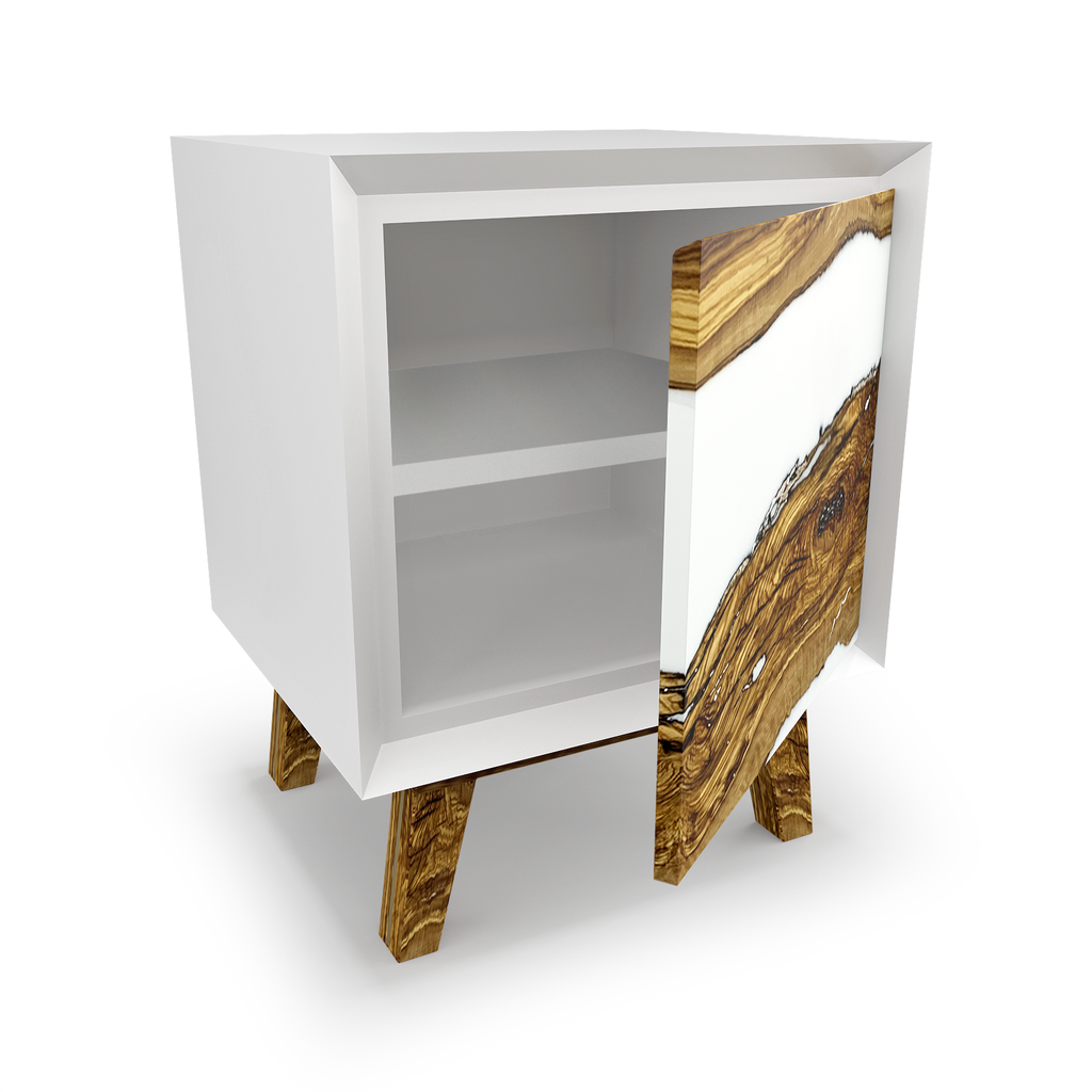 Lampetia Olive Wood Credenza Cabinet with live-edge wood slab door and white resin accents