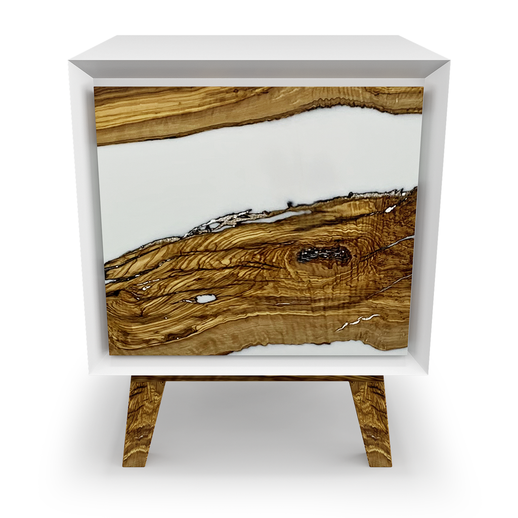 Lampetia Olive Wood Credenza Cabinet with natural olive wood grain and white resin river design