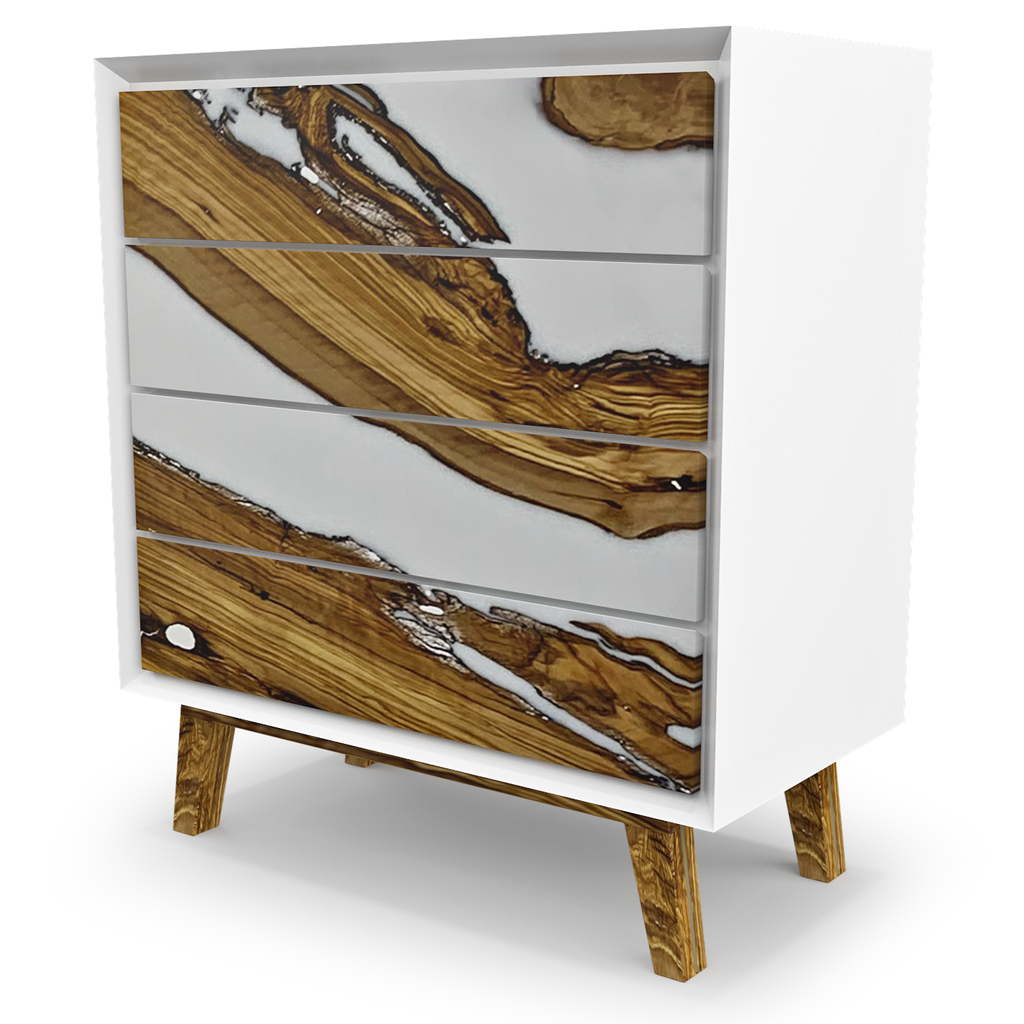 Lampetia Olive Wood White Dresser with five drawers featuring unique olive wood and white resin designs