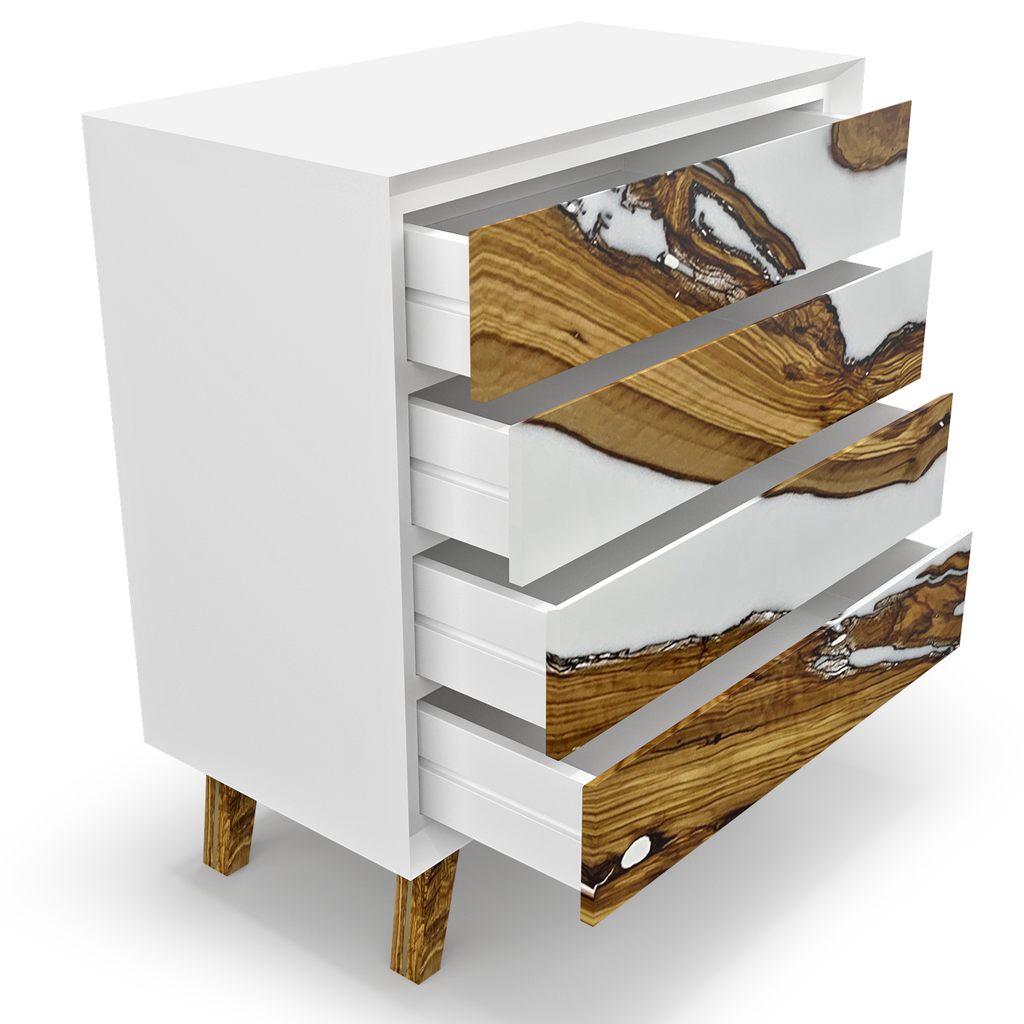 Lampetia Olive Wood White Dresser with four open drawers showcasing natural wood and white resin fronts