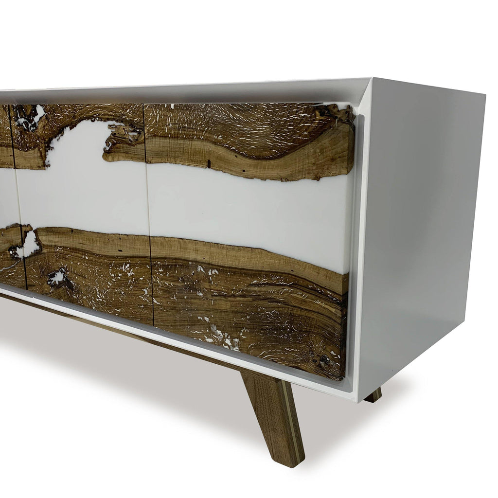 Lampetia Walnut Credenza with walnut wood and glossy body featuring a modern white resin river design