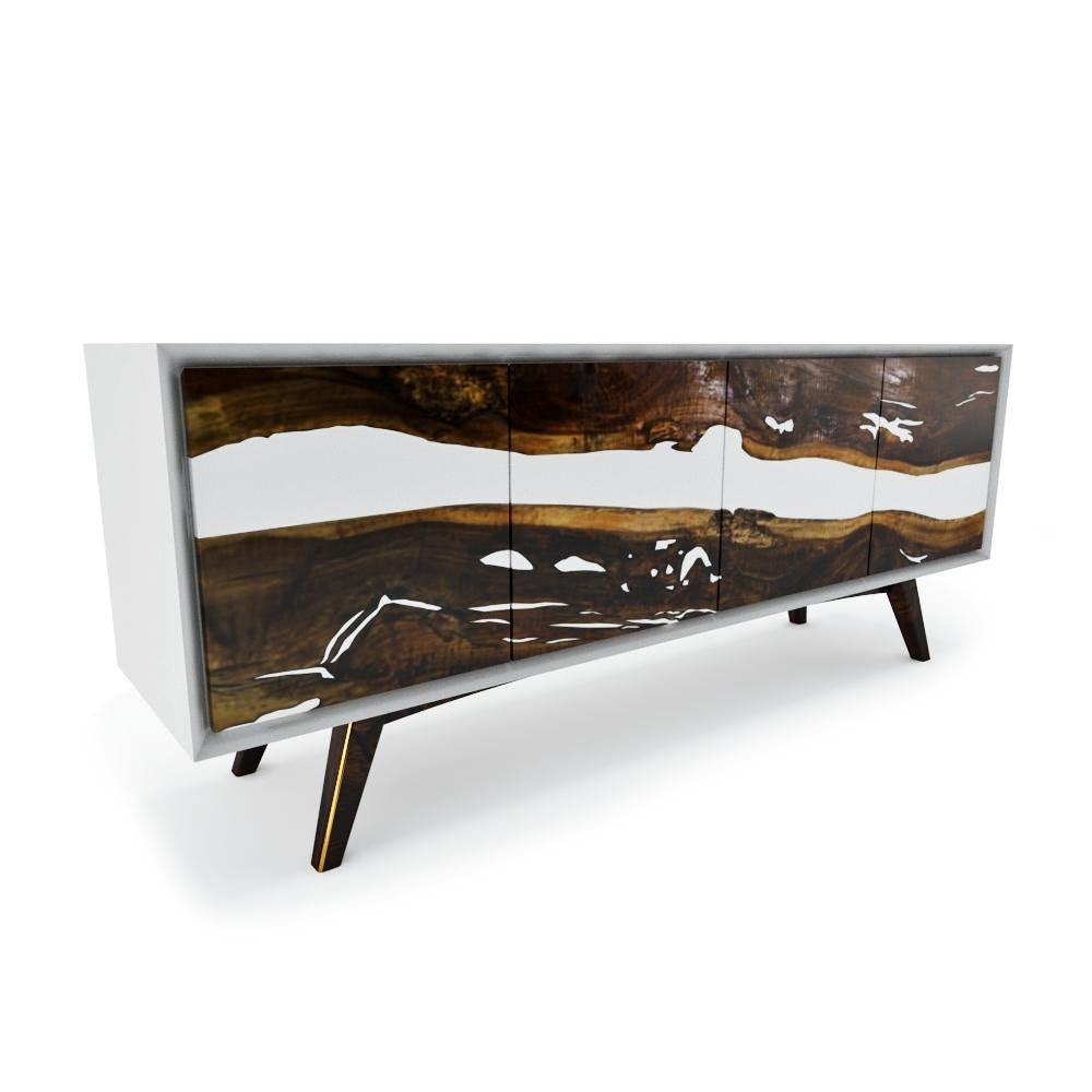 Lampetia Walnut Credenza with walnut wood, glossy body, white resin river design, dark angled legs