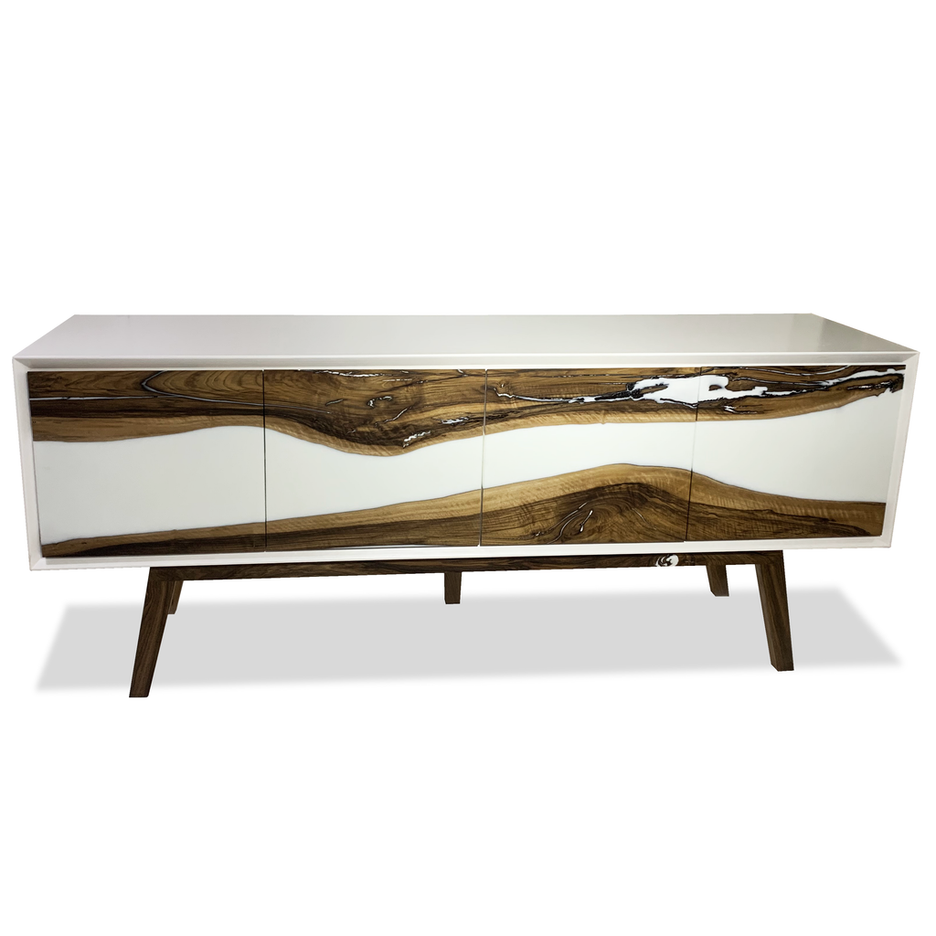 Lampetia Walnut Credenza with walnut wood slabs and glossy white body design