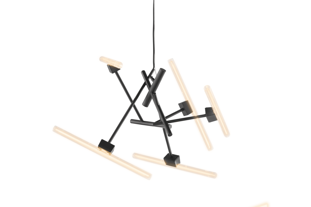 Black modern chandelier with illuminated tube-shaped lights from Linea Element collection