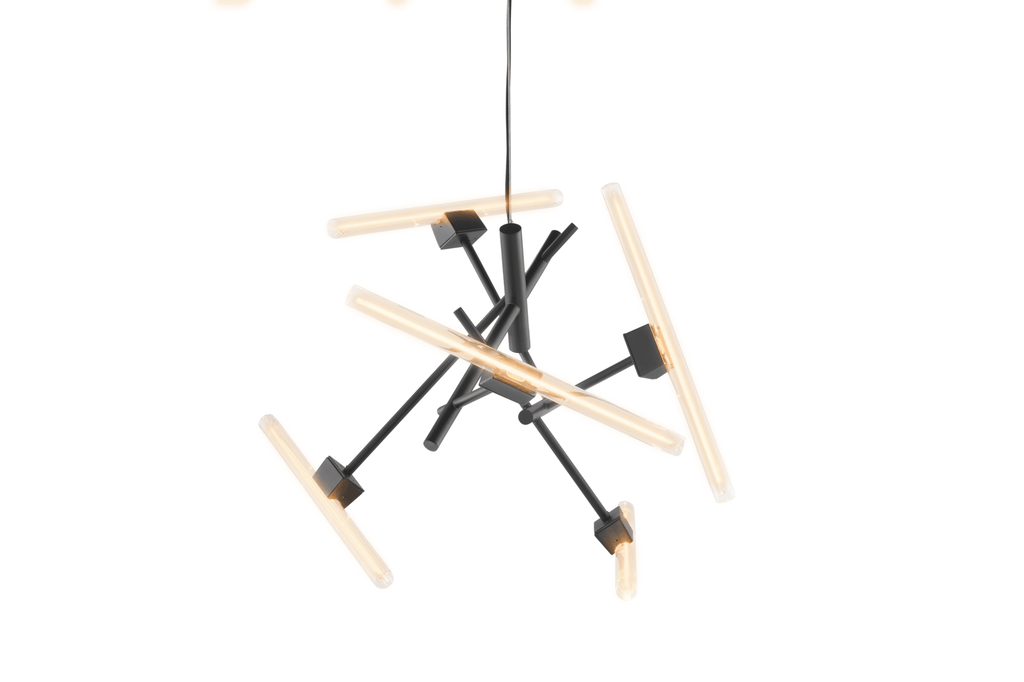 Linea Element modern black chandelier with illuminated tube-shaped arms for stylish lighting