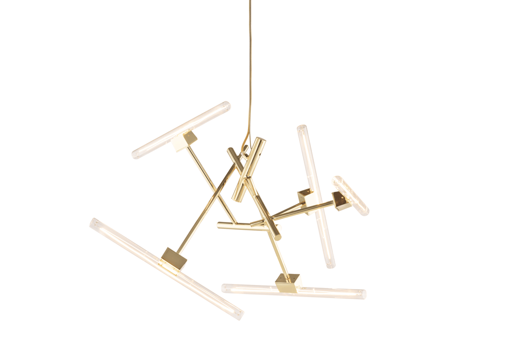 Linea Element modern chandelier with gold frame and clear cylindrical diffusers