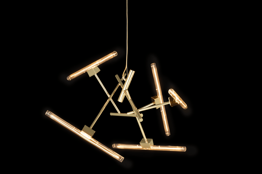 Modern gold-toned chandelier with exposed tubular bulbs from Linea Element collection