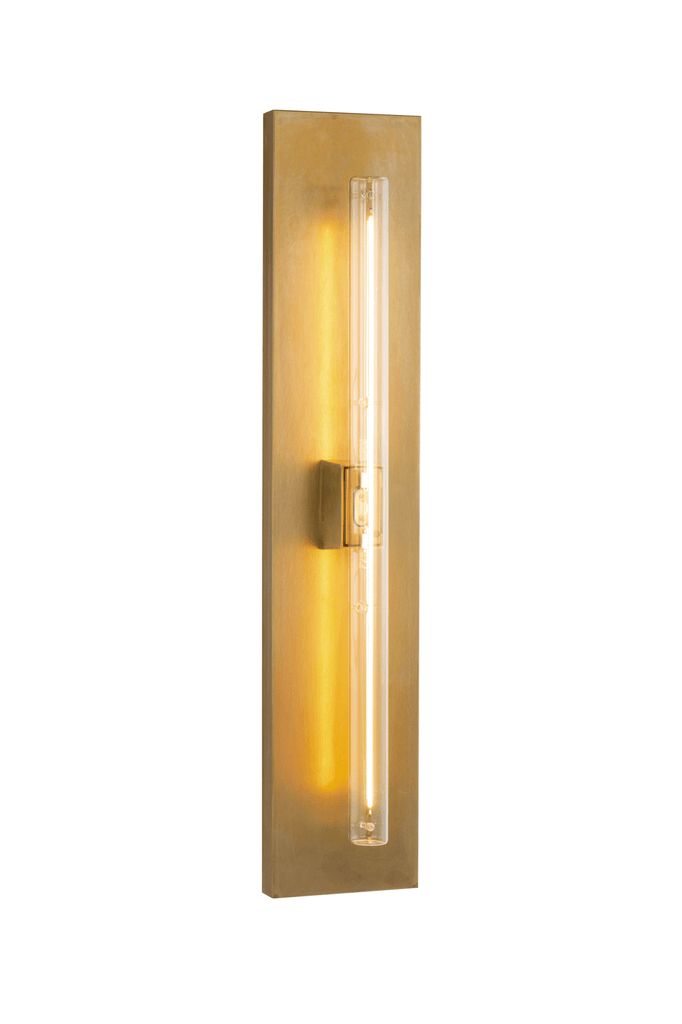 Linea Wall Lamp featuring a brass wall sconce with a vertical clear glass tube light