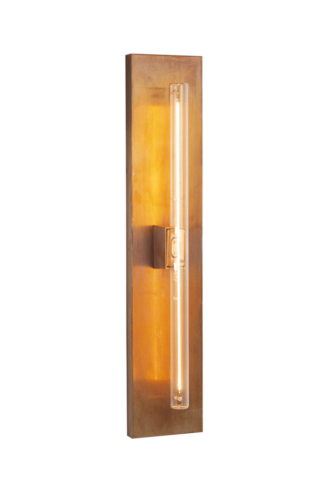 Linea Wall Lamp features a bronze rectangular wall sconce with a tubular bulb in clear glass