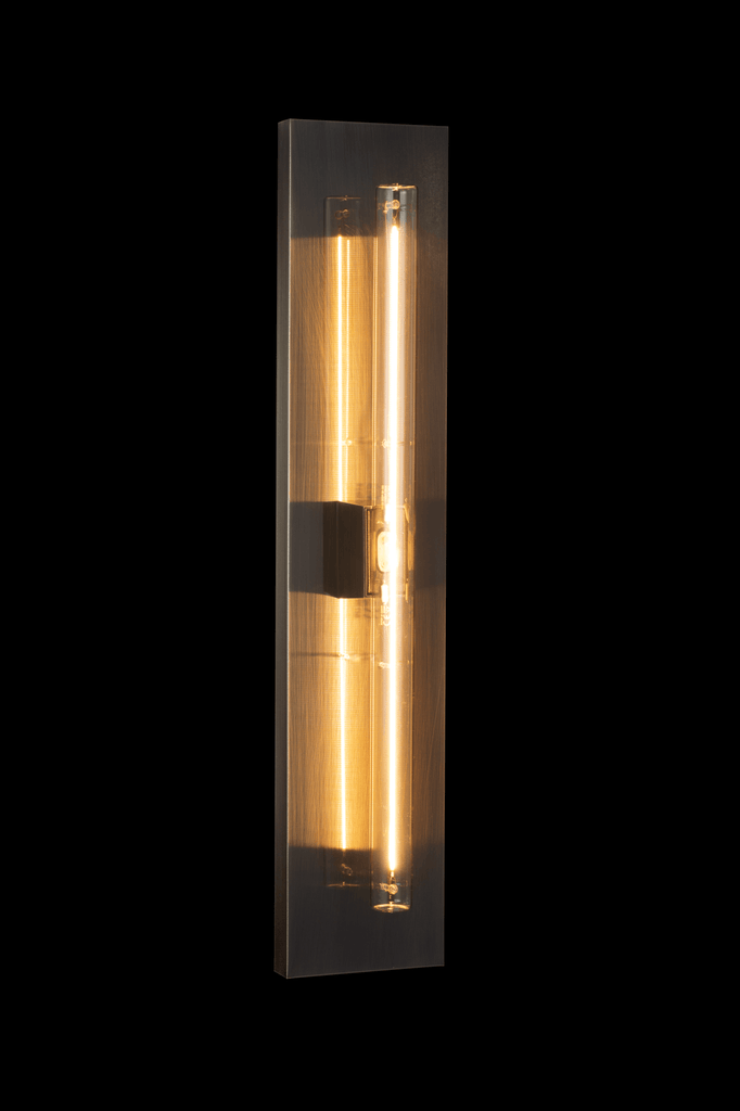 Linea Wall Lamp with dark metallic frame, glowing tubular bulb, brass backplate, wall lamp