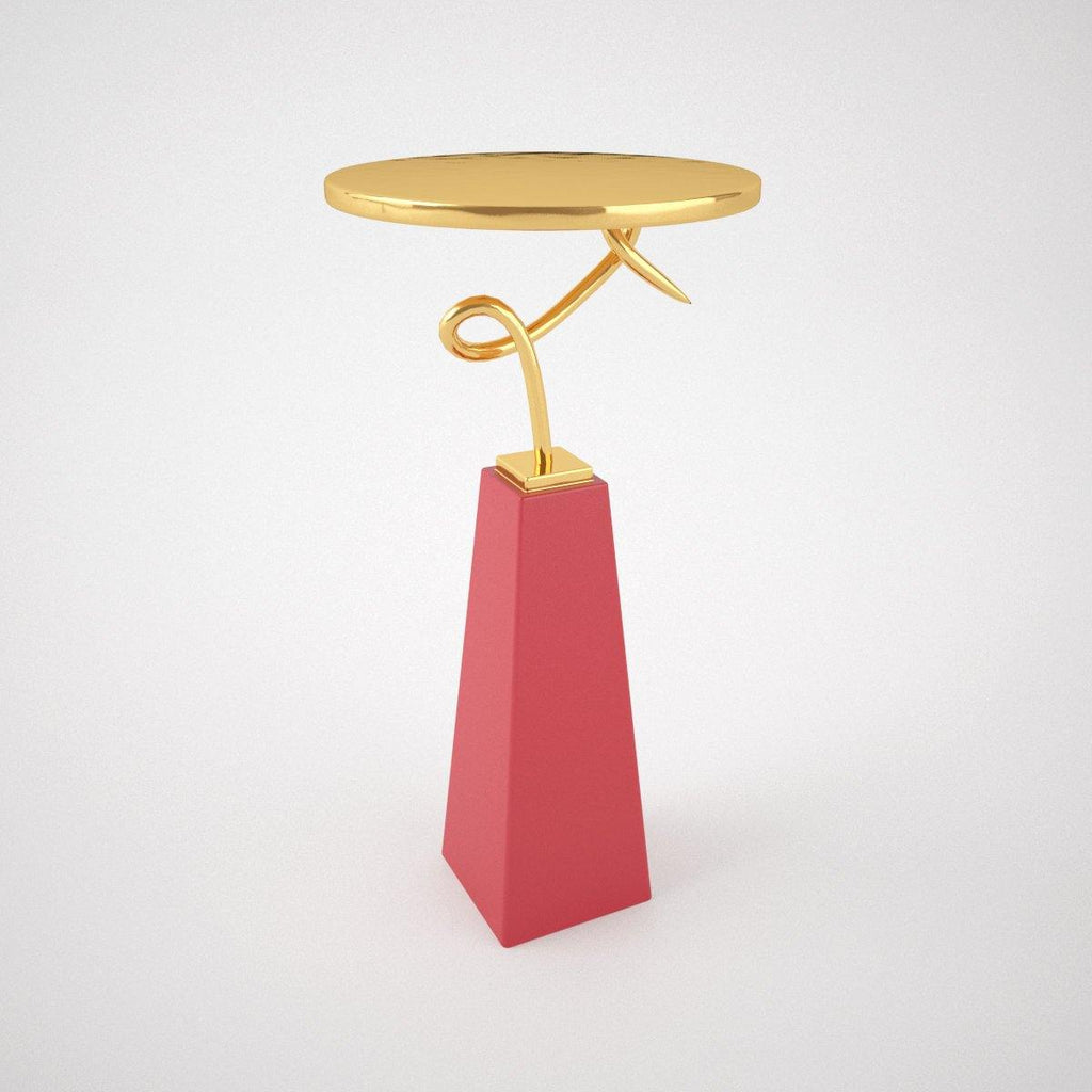 Gold-colored Loop Side Table with a red tapered base for modern home decor