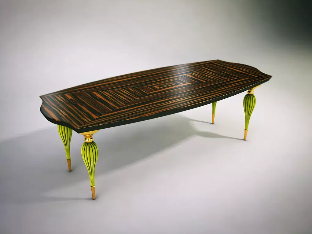 Lorenzo Table with rectangular dark-patterned wooden top and lime-green fluted legs