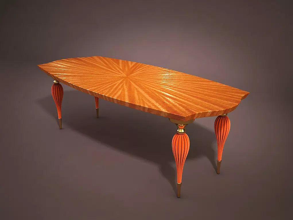Lorenzo Table with ornate rectangular sunburst veneer top and orange fluted legs