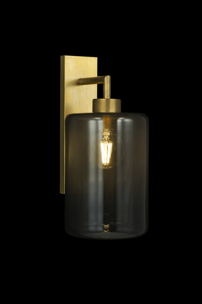 Louise Wall Lamp featuring brass wall sconce with smoky glass shade and filament bulb