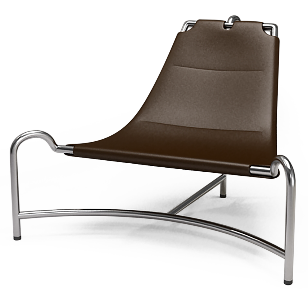 Modern brown leather lounge chair with polished chrome metal frame for stylish comfort