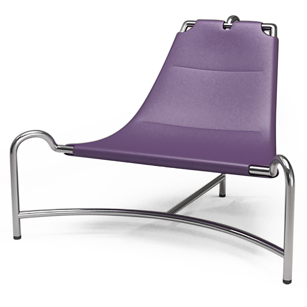 Modern lounge chair with purple fabric seat and chrome frame for stylish relaxation