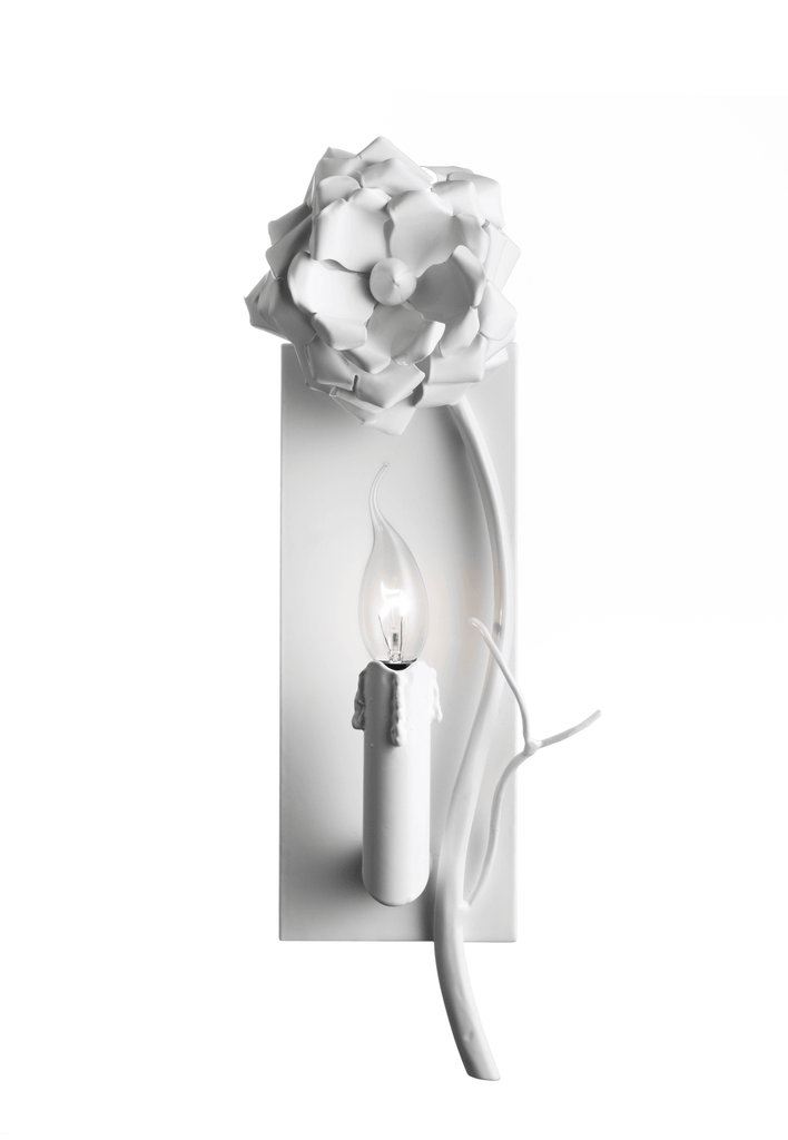 White floral-themed wall lamp with candle-shaped light for elegant home decor