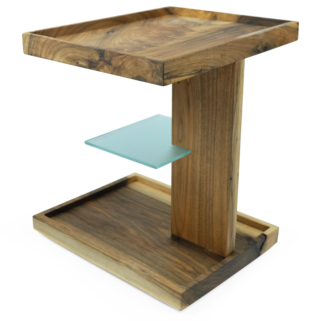Lucera Side Table with dark wood finish and frosted glass shelf for modern decor