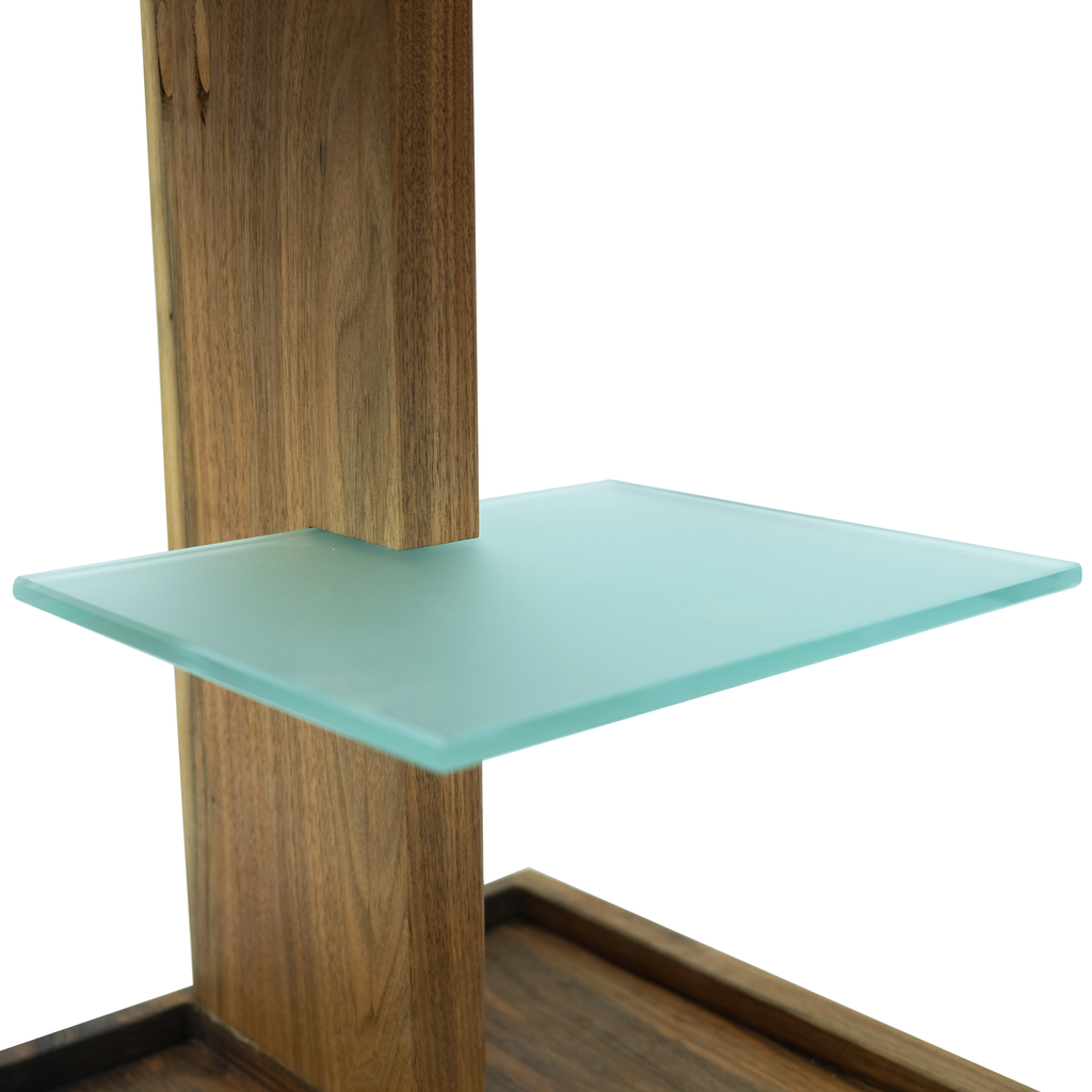 Lucera Side Table with multi-tiered wooden shelves and frosted glass shelf
