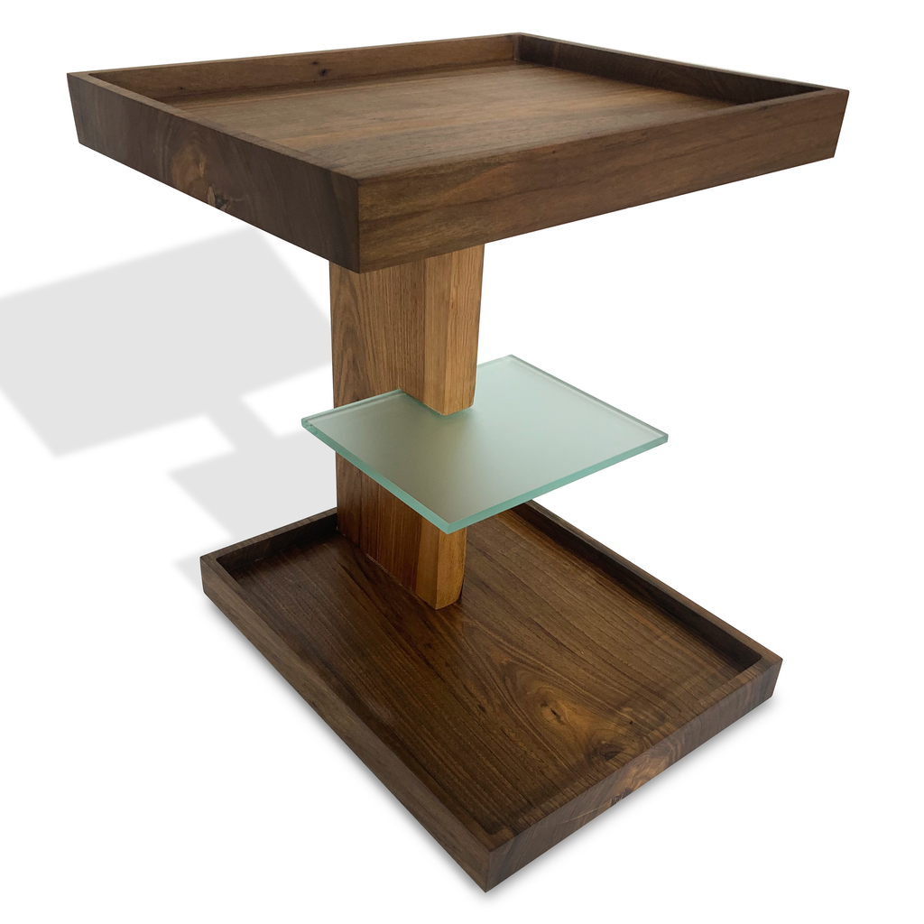 Lucera Side Table featuring a multi-tiered wooden design with a central glass shelf