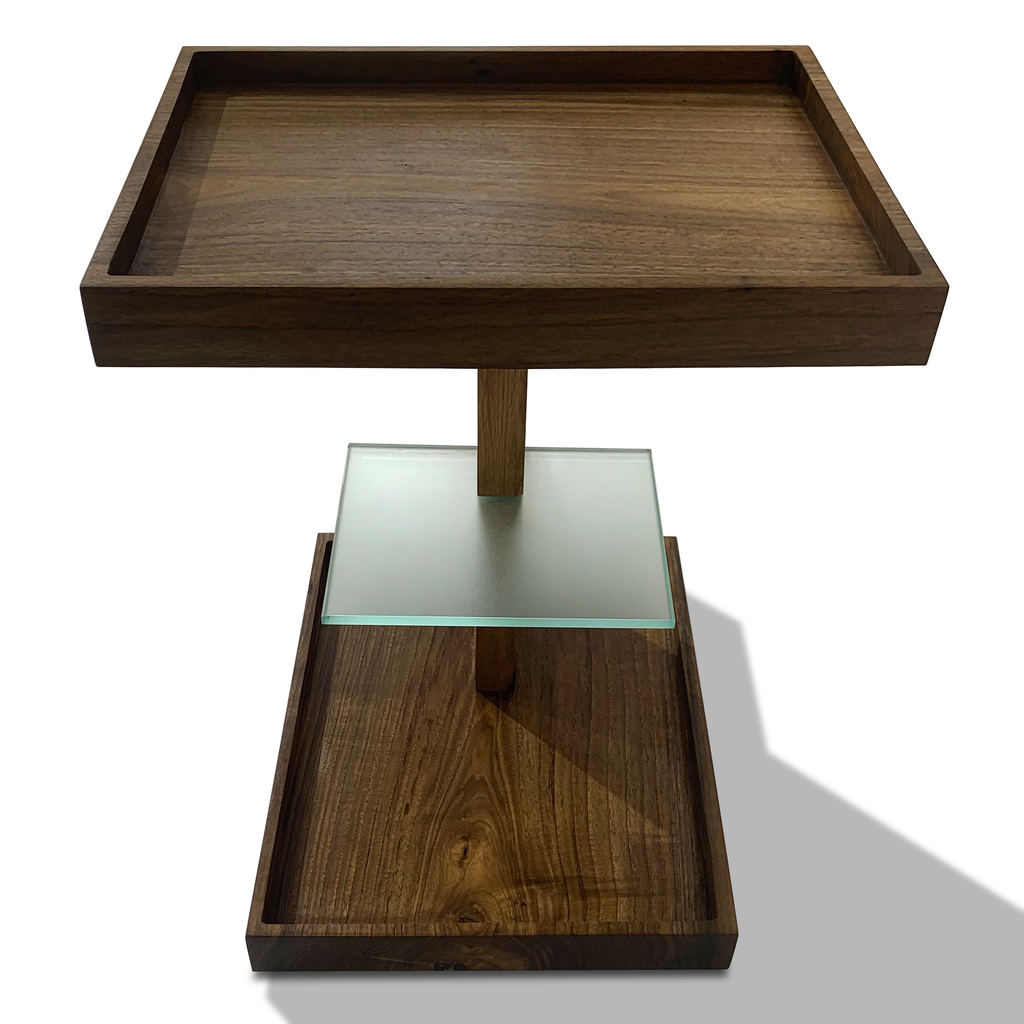 Lucera Side Table with multi-tiered wooden stand and frosted glass shelf