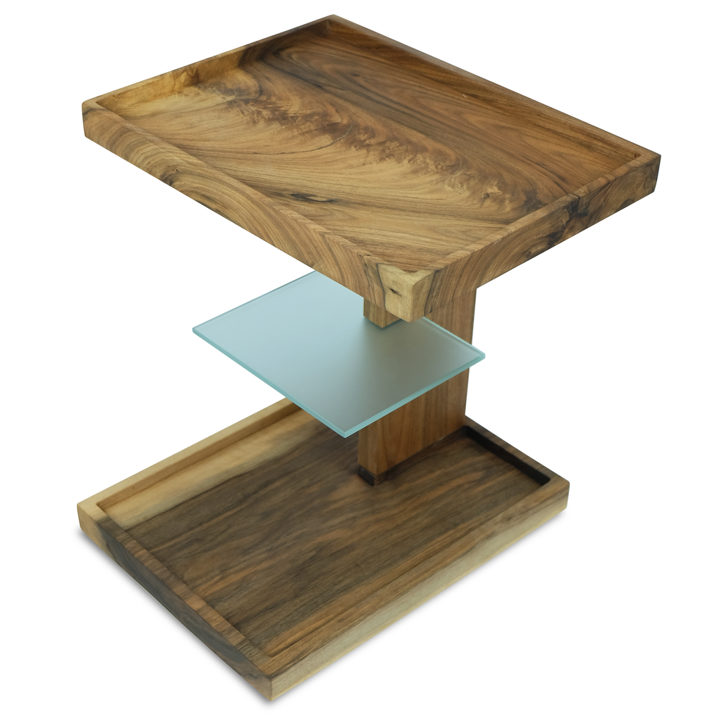 lucera walnut wood side table, walnut wood side table, cornered rectangular side table, walnut wood top, frosted green glass, luxury side table, modern side table, contemporary side table