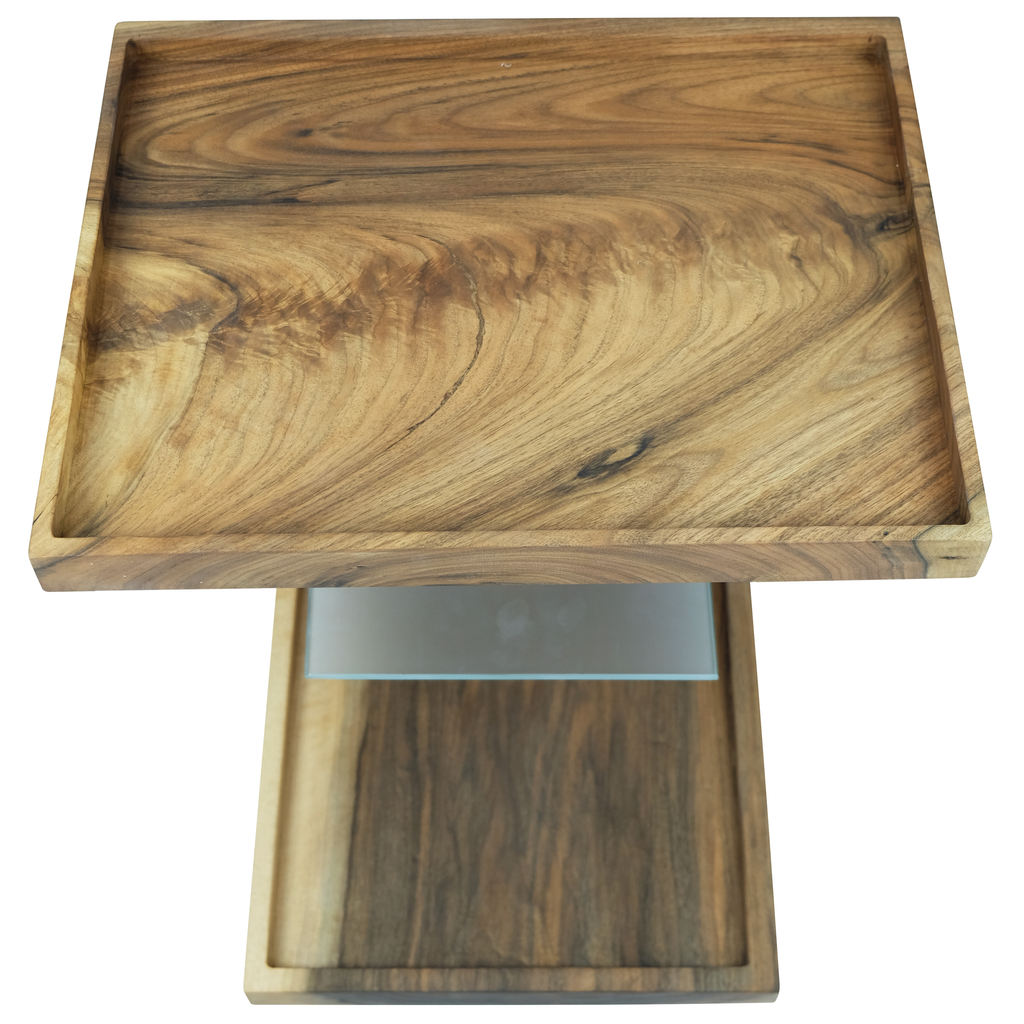 Lucera Walnut Wood Side Table with rectangular wooden serving tray featuring recessed surface