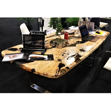 luxury olive wood dining table, olive wood dining table, beveled edge dining table, ghost white resin dining table, chrome stainless steel dining table, round square dining table, modern dining table, contemporary dining table