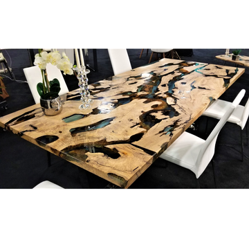 luxury olive wood dining table, olive wood dining table, cornered rectangular dining table, ghost white resin dining table, chrome stainless steel dining table, modern dining table, contemporary dining table