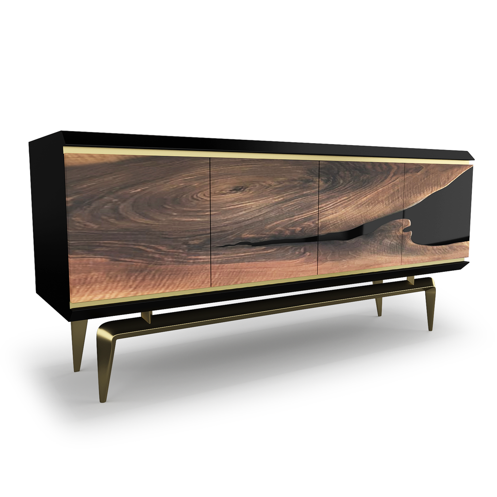 Magnes Walnut Wood Credenza with black and brown wooden sideboard and gold accents