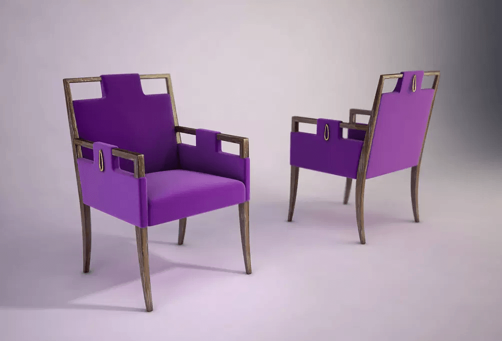 Modern purple upholstered Marciano Chair with open wooden frame design