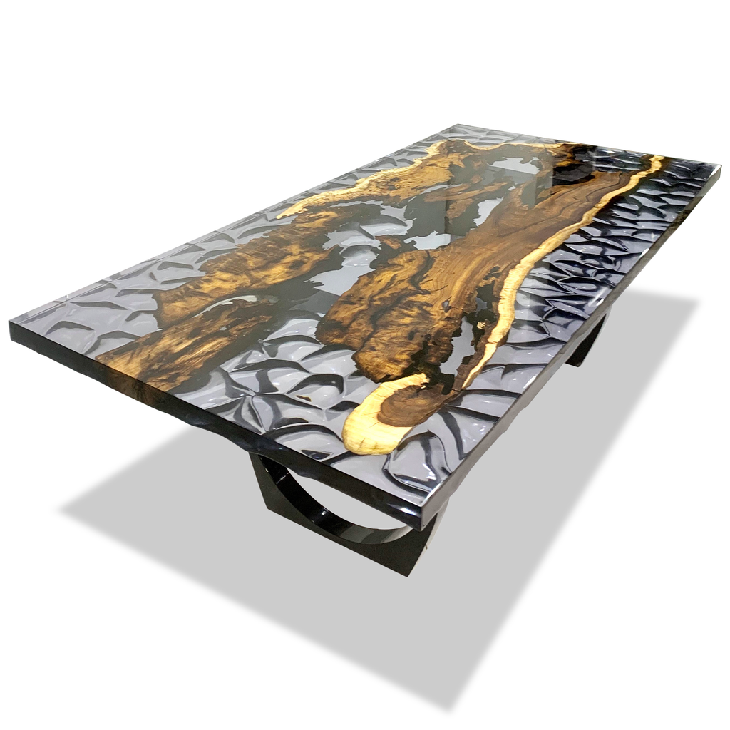 Marpessa Hackberry Wood Dining Table with clear resin top and embedded natural wood pieces