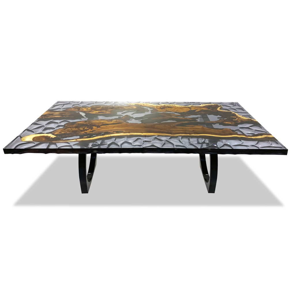 Marpessa Hackberry Wood Dining Table with textured dark gray and gold top