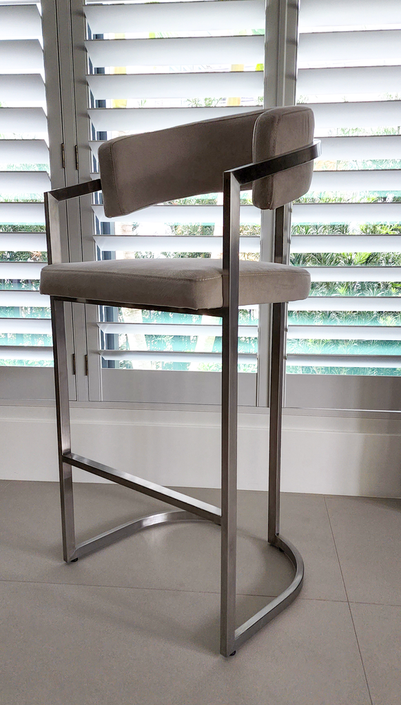 Matera Counter Bar Chair with light upholstery and brushed metal frame for counter height seating