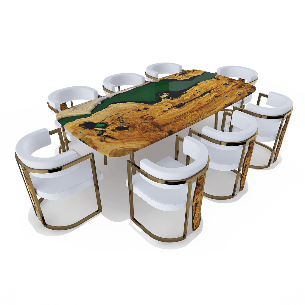 White Matera dining chair at a wooden top table with green resin river design