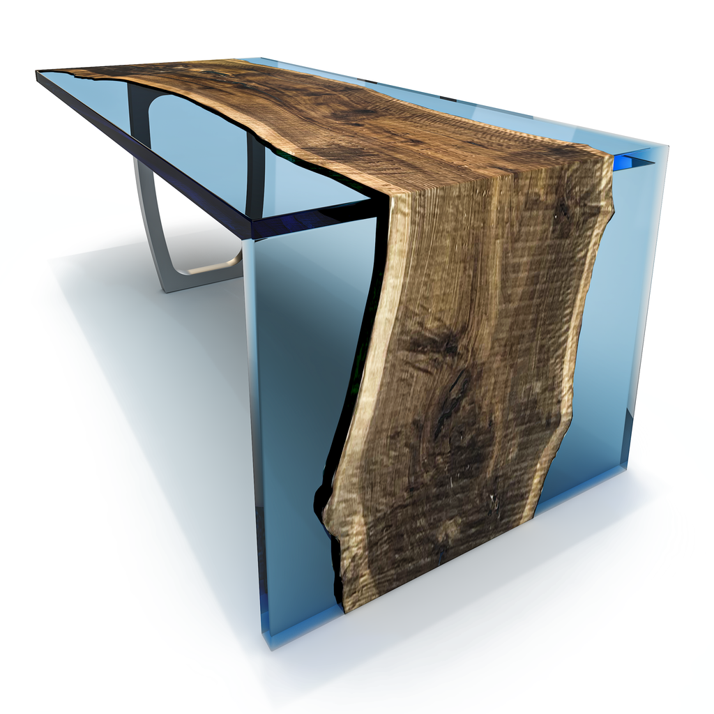 Maya Blue Feronia Semi-Waterfall Dining Table, dining table, modern furniture, walnut wood, maya blue resin, waterfall table, stainless steel base