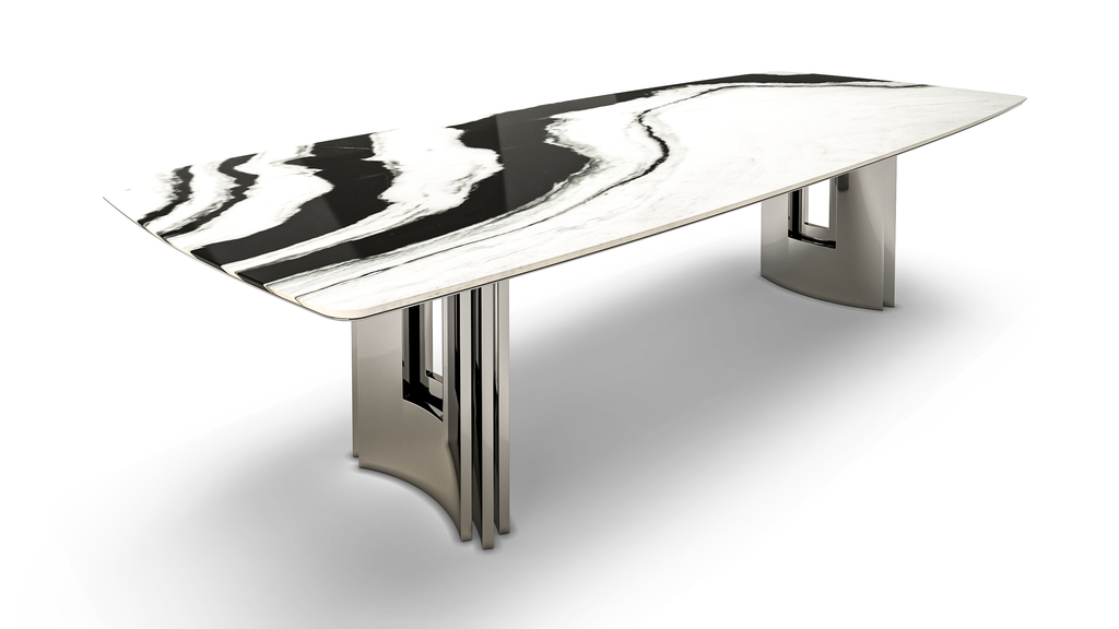 Meliades White Marble Dining Table, dining table, marble, stainless steel, timeless design, elegant, white panda marble, chrome