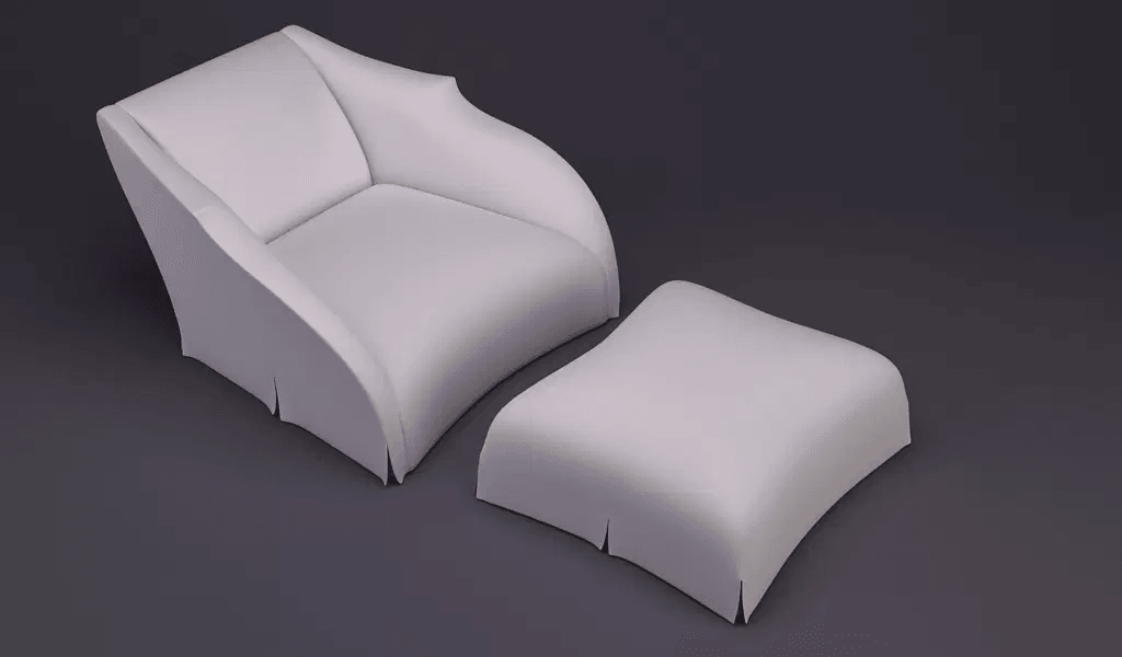 Mercer Chair two-piece light-colored upholstered armchair and ottoman with flowing design