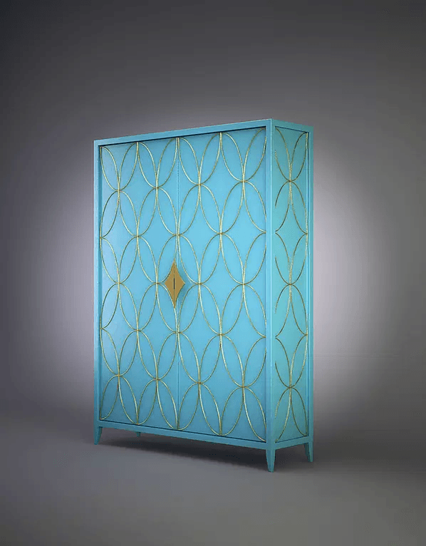 Milan Fashion Cabinet with turquoise finish, gold circular overlays, and diamond escutcheon