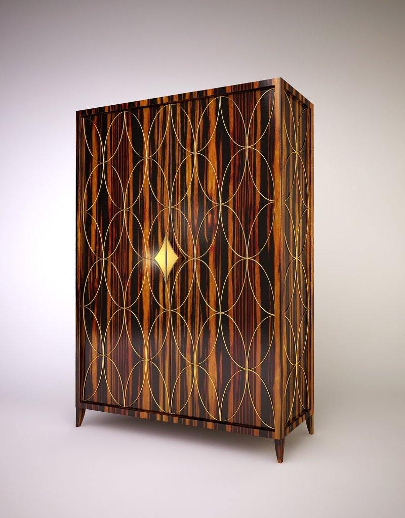 Milan Fashion Cabinet with dark wood and light geometric inlay featuring a diamond handle