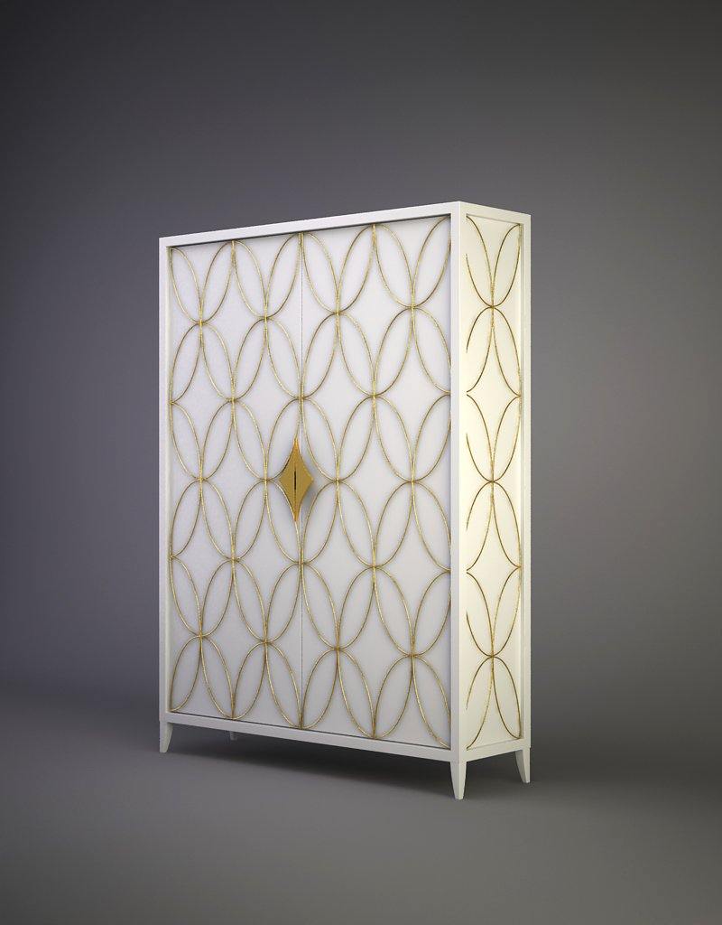Milan Fashion Cabinet tall white wardrobe with gold circular pattern and diamond handle