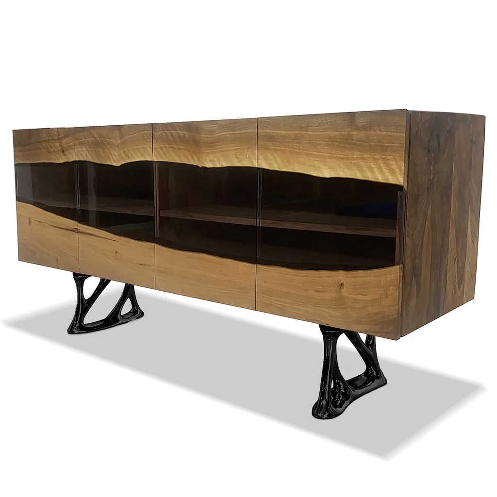 Pheraea Walnut Wood Credenza with dark resin inlay and sculptural black metal legs