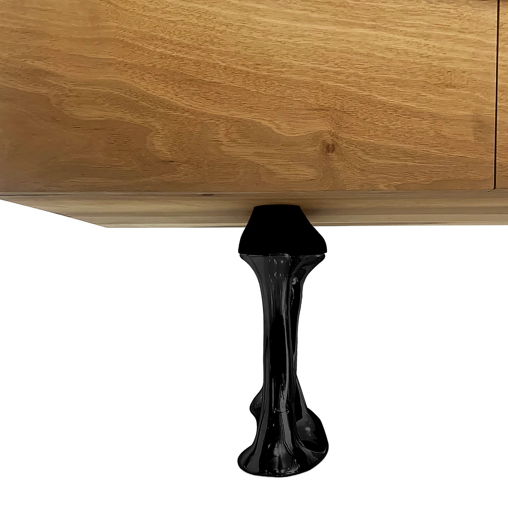 Pheraea Walnut Wood Credenza with a wooden console table and black organically shaped leg