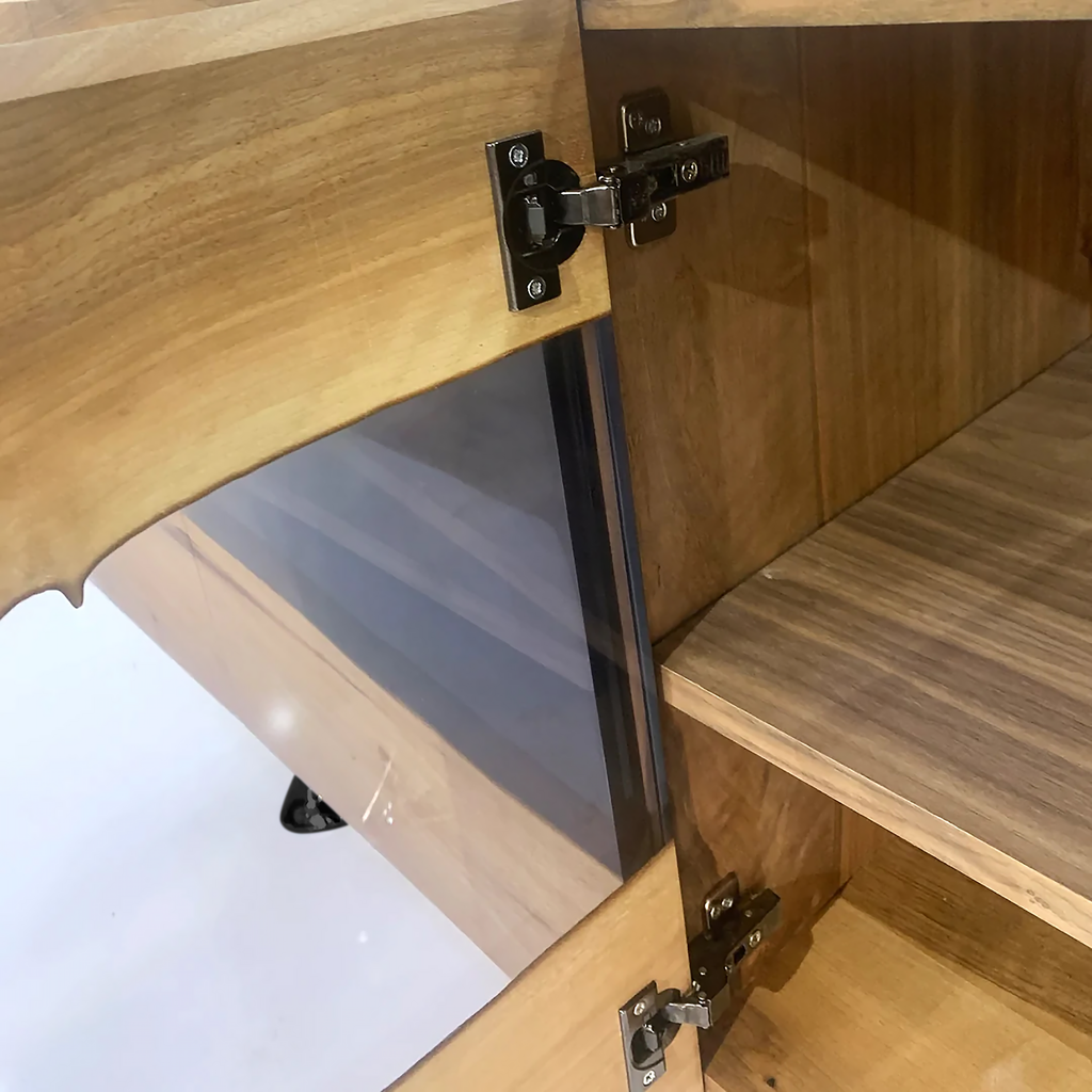 Open walnut wood cabinet doors with visible hinges and shelves in Pheraea Walnut Wood Credenza