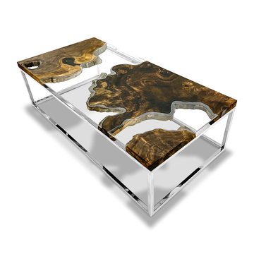 Mnestra Walnut Wood Rectangular Coffee Table, coffee table, walnut wood, timeless design, elegant, natural, transparent glass, eased edge, stainless steel, satin chrome