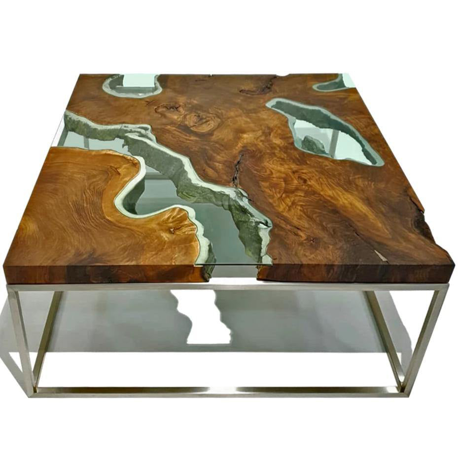 Modern Mnestra Walnut Wood Square Coffee Table with live-edge slabs and resin fill
